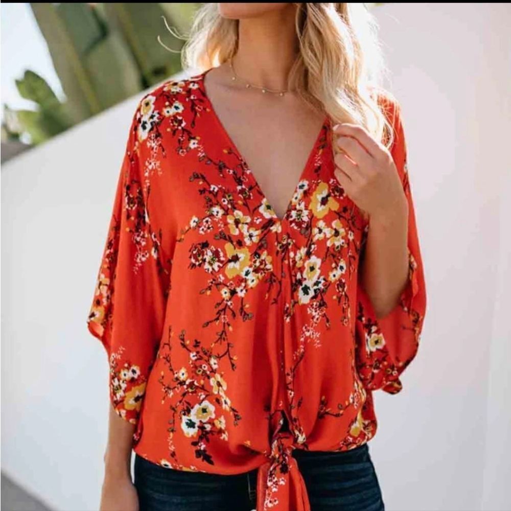 Amazon orange red floral ruffle bell sleeve tie front v-neck hi-lo blouse top S